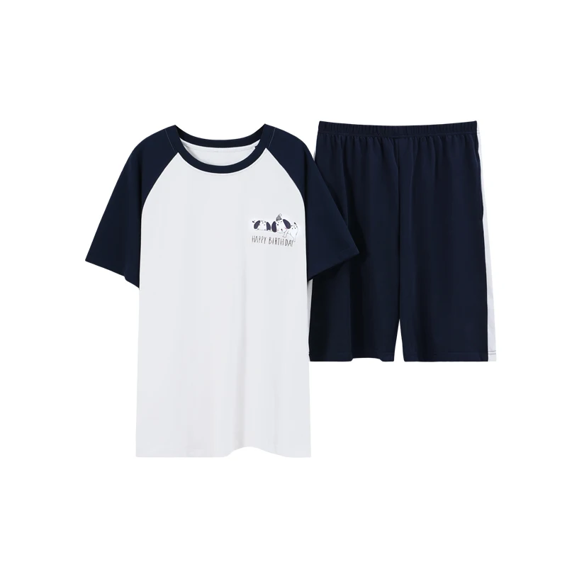 

Sleepwear 2pcs Summer Short Sleeve Tops Shorts Pajamas Set For Men Cotton Cartoon Simple Patchwork Loose Round Neck Home Suit