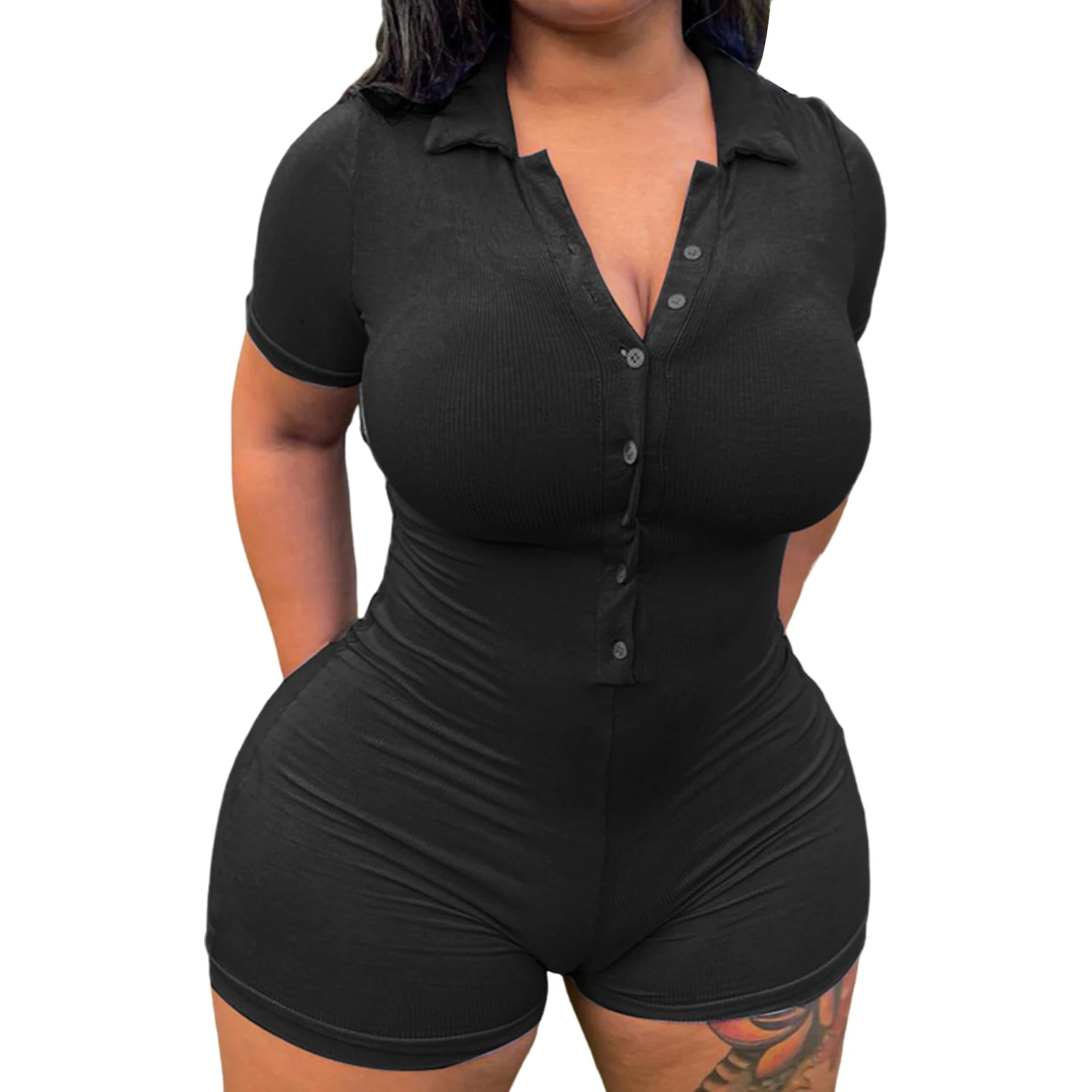 

Женский однотонный комбинезон, летний Облегающий комбинезон с воротником на пуговицах и коротким рукавом для взрослых, 2021