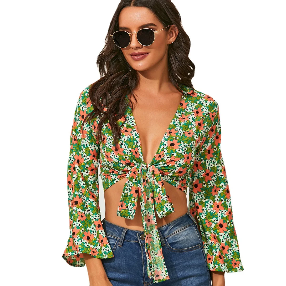 

Women 's Top 2021 Summer New Printed V-neck Lace Top Bell Sleeve Chiffon Shirt