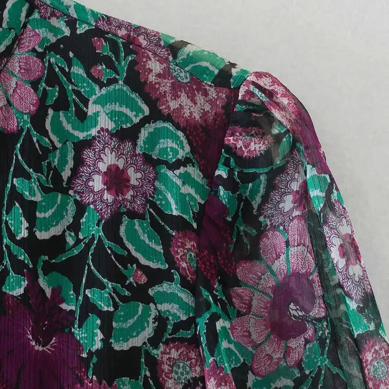 

New Printing Women Dress Summer Sexy V Neck Floral Print Boho Beach Dress Chiffon Long Sleeve A Line Pleated Waist Dress Robe