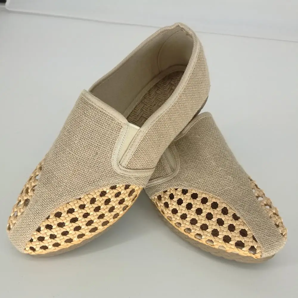 Men Women Sandals Hallow Woven Loafers Handmade Flax Shoes Breathable Comfortable Slip-On Flats Khaki Blue Linen Shoes