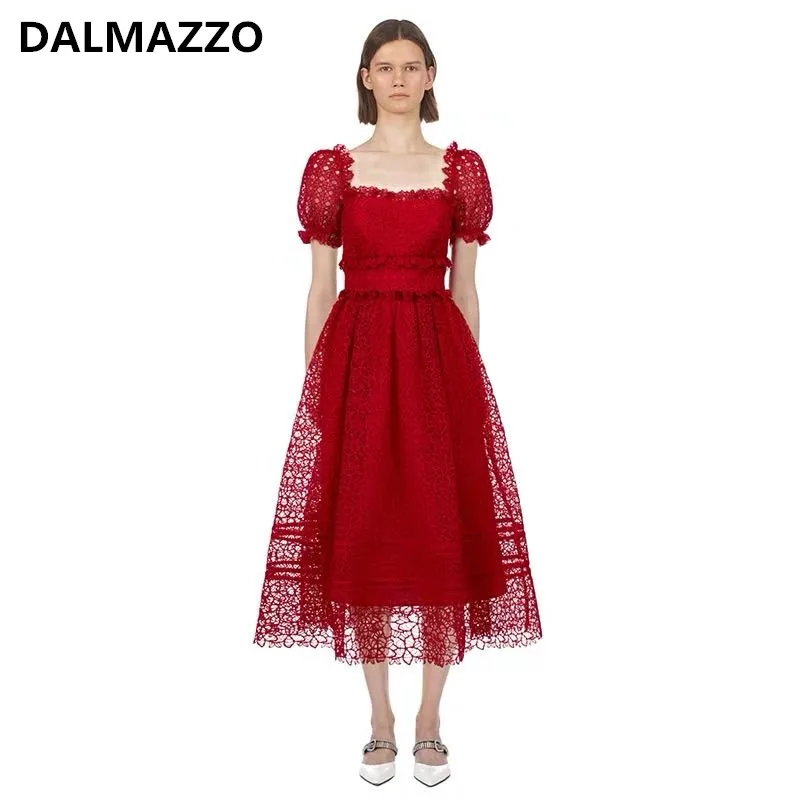 High-end Design Women Fashion Slash Neck Red Lace Long Dress 2020 Newest Summer Self-Portrait Ladies Puff Sleeve Runway Dresses | Женская