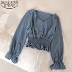 Блузка женская с V-образным вырезом и Расклешенным рукавом, элегантная рубашка в горошек, с оборками, на пуговицах спереди, 6602