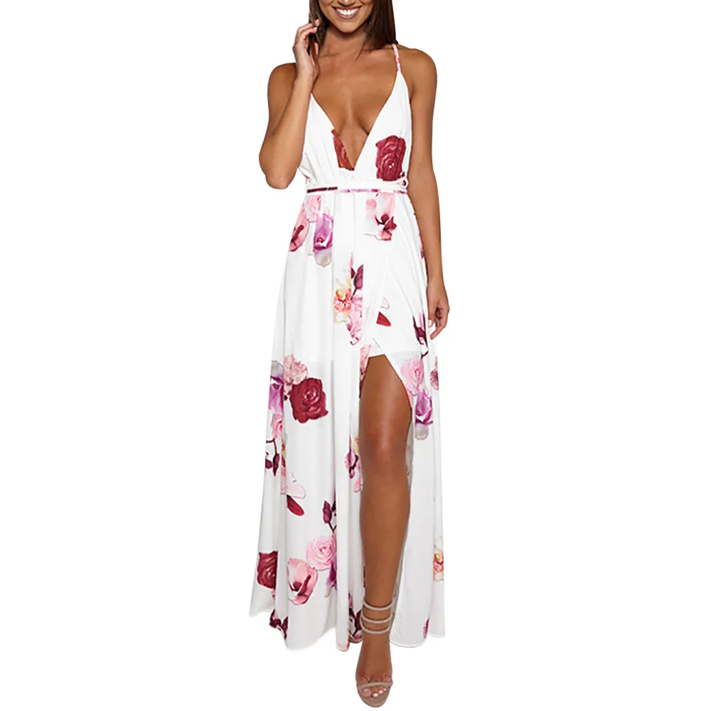Женское длинное вечернее платье Пляжное Платье с V образным вырезом и цветочным