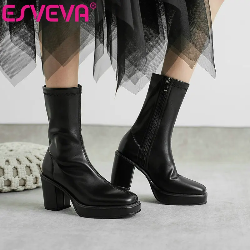 

ESVEVA 2021 Elegant Zipper Square High Heel PU+ Leather Mid Calf Boots Women Boots Shoes Platform Round Toe Boots Size 34-43