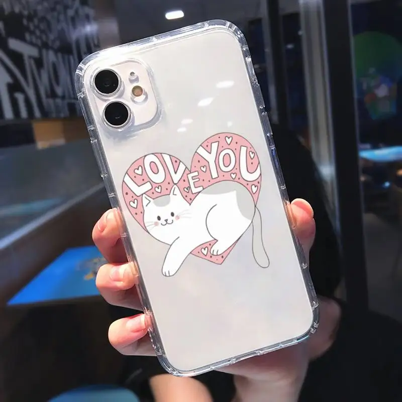

Creative white Cute cartoon cat Phone Case Transparent soft For iphone 5 5s 5c se 6 6s 7 8 11 12 plus mini x xs xr pro max