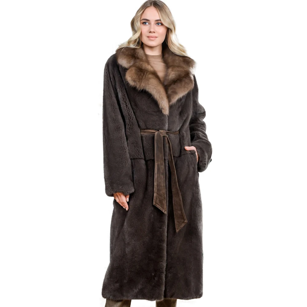 TOPFUR Mink Coat Female Whole Mink Long Hooded Fox Hat Collar Belt Imported Mink Fur Coat Real Fur Parka