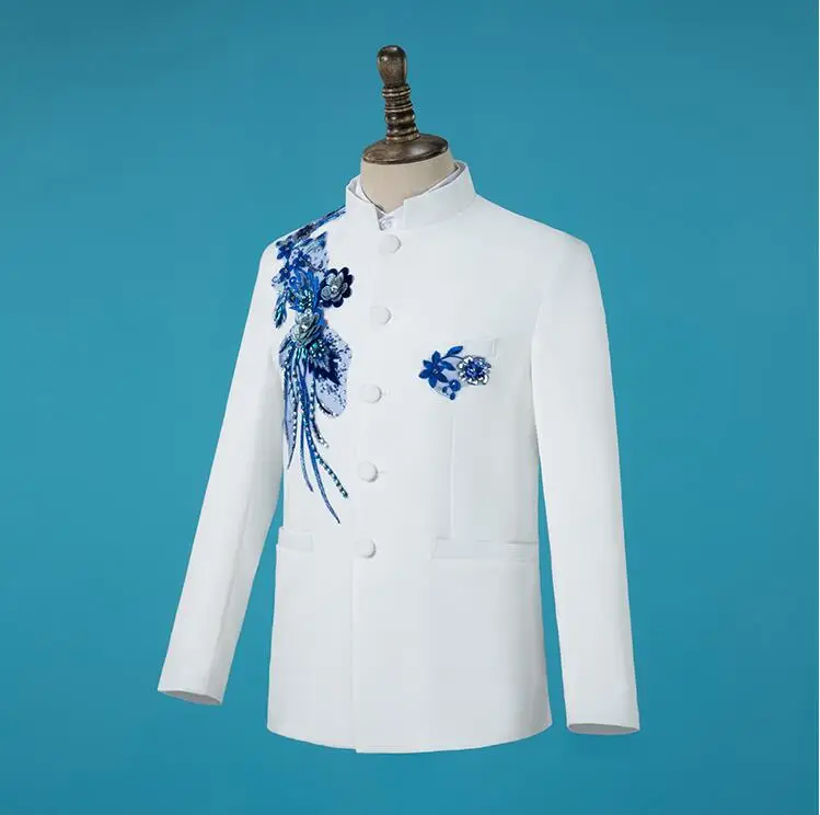 

Blazer men Chinese tunic suit set with pants mens Decal sequin embroidery suits costume singer stage clothing formal dress B378