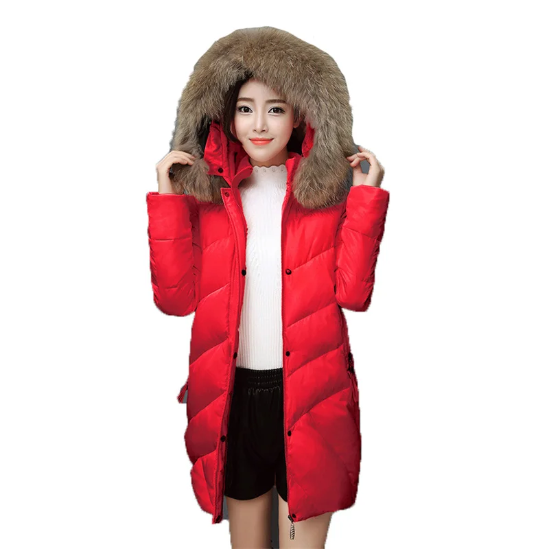 

Winter Red Down Cotton Jacket Women New Pink Gray Black Slim Parka Korean Plus Size Fashion Fur Collar Hooded Clothes Coat GH613