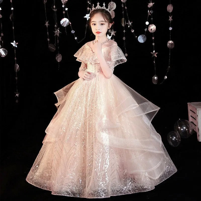 

Роскошные винтажные платья-трапеции цвета шампанского для девочек, Длинные изысканные блестящие Бальные платья с блестками для свадебной вечеринки, платье