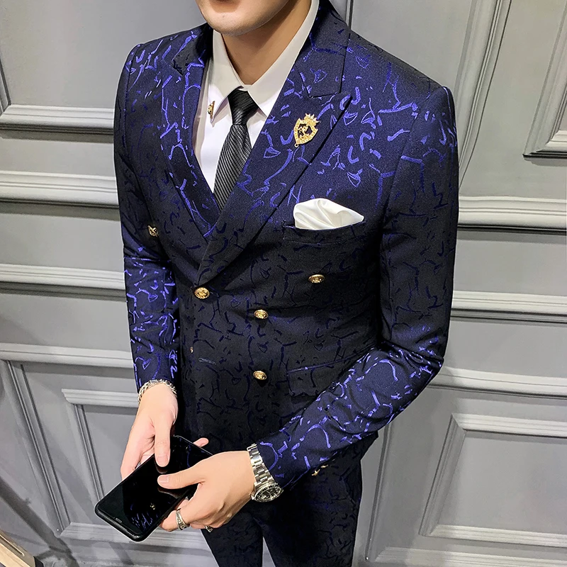 

Slim Double Breasted Suit Men 2019 Blue Green Wine Red Modern Mens Wedding Suits Autumn Man Dinner Party Dress Suits 3pcs Q761