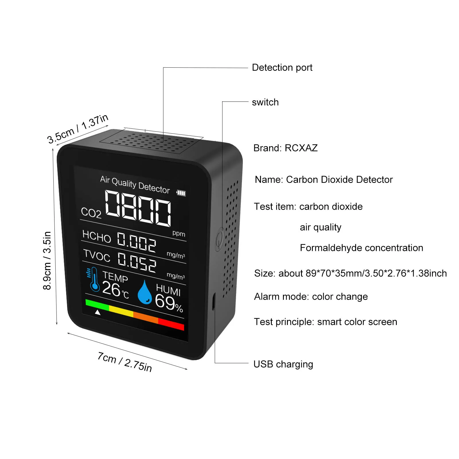 

CO2 Detector Portable Air Quality Detector Intelligent TVOC HCHO Detector Temperature And Humidity Tester Carbon Dioxide Monitor