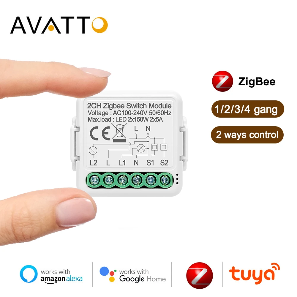 

AVATTO Tuya Zigbee Smart Light Switch Module,1/2/3/4 Gang Automation DIY Breaker 2 Ways Control Work with Alexa Google Home