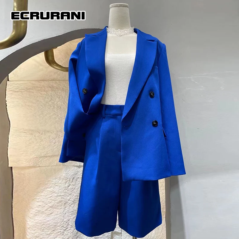 

Женский брючный костюм ECRURANI, синий костюм с длинным рукавом, с пэчворком, штаны с высокой талией, осень 2021