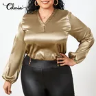 Модные атласные элегантные блузки Celmia, женские сексуальные однотонные топы с V-образным вырезом, повседневные офисные блузки с длинным рукавом, женские блузки