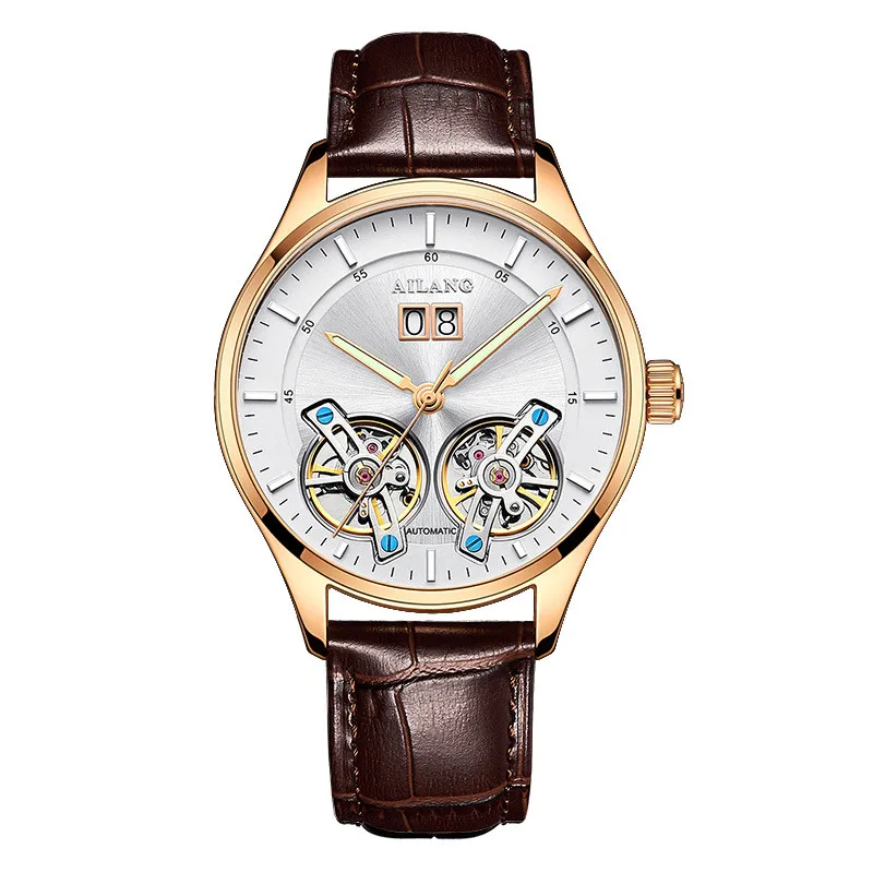 AILANG Лидирующий бренд Роскошные водонепроницаемые спортивные двойные Tourbillon Мужские часы Военные автоматические механические часы мужские часы с календарем - Цвет: Leather 02
