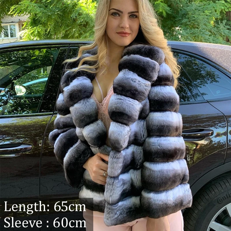 Women Fashion Long Rex Rabbit Fur Coat Natural Women Whole Skin Genuine Rex Rabbit Fur Coats Chinchilla Color Fur Overcoat Woman