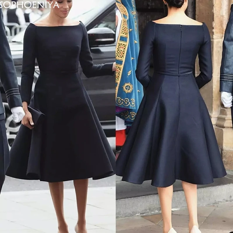 

New Arrival Vintage Navy Blue Prom Dresses A-Line Long Sleeves Bow Sashes Bateau Custom Made Evening Gowns Formal Party Dress
