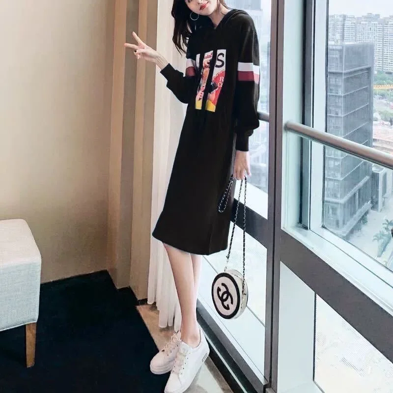 

2022 Spring Autumn Fashion Casual Plus Size Hooded Long-sleeved Ladies Loose Dress Mid-length Hoody Dress For Women Sweatshirt