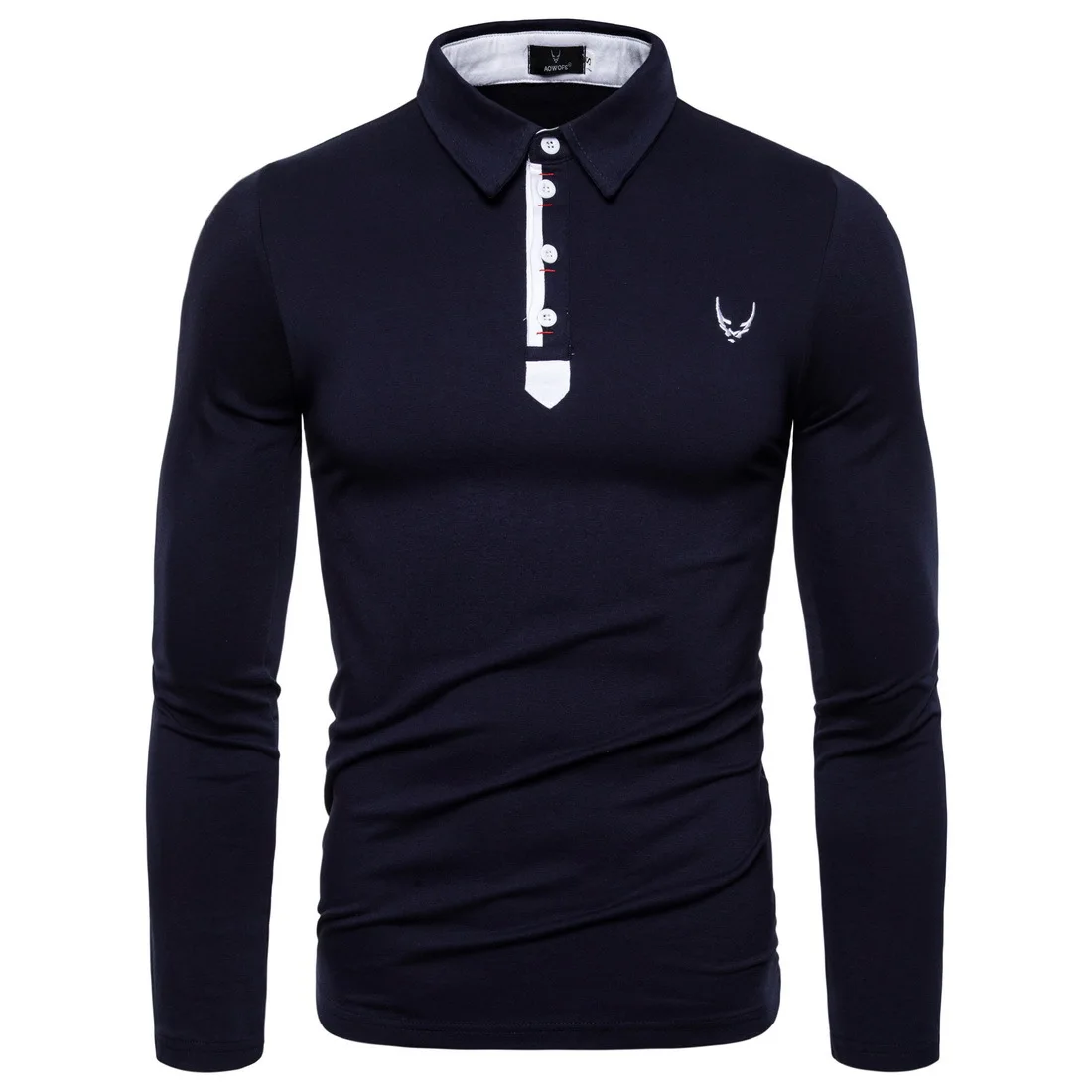 Drop Shipping New Fashion Long Sleeve T Shirt Men Casual Embroidery Slim Fit Men's Tees Solid Turn-down Collar T-Shirts Men