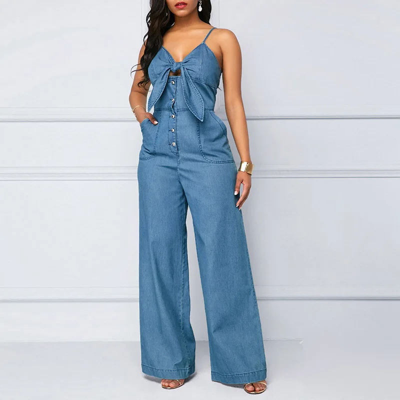 

Kayotuas Women Jumpsuit Summer Denim Playsuit Sexy High Waist Wide Leg Long Romper Front Tie Knotted Jeans V-Neck Hot Overalls