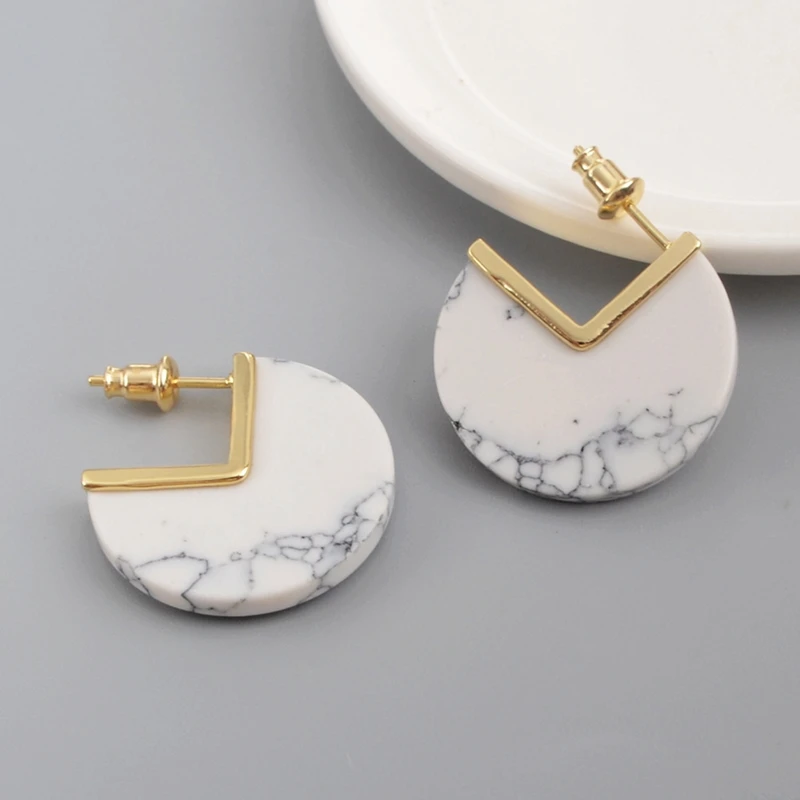 white howlite Золотой Гальванизированный Природный Оникс Агаты серьги гвоздики розовый кварц ломтик шпильки жемчуг Seashell женские серьги Подарки ZG0420 - Окраска металла: white howlite