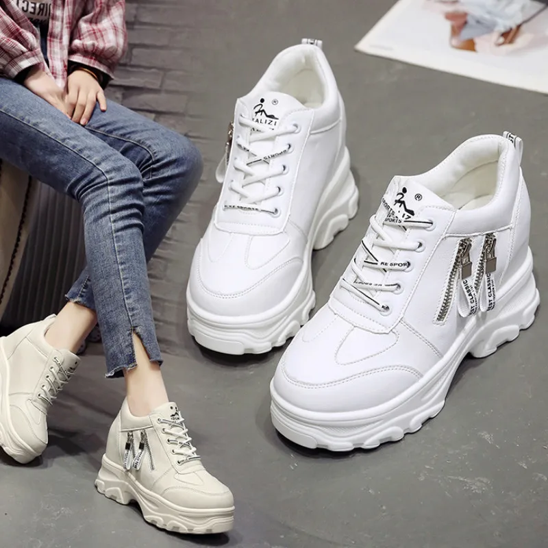 

Women Shoes 2019 New Fashion Dad Shoes Spring Female Casual Sneakers Wedge High Heel Beige/White Sneakers Zipper BB-73