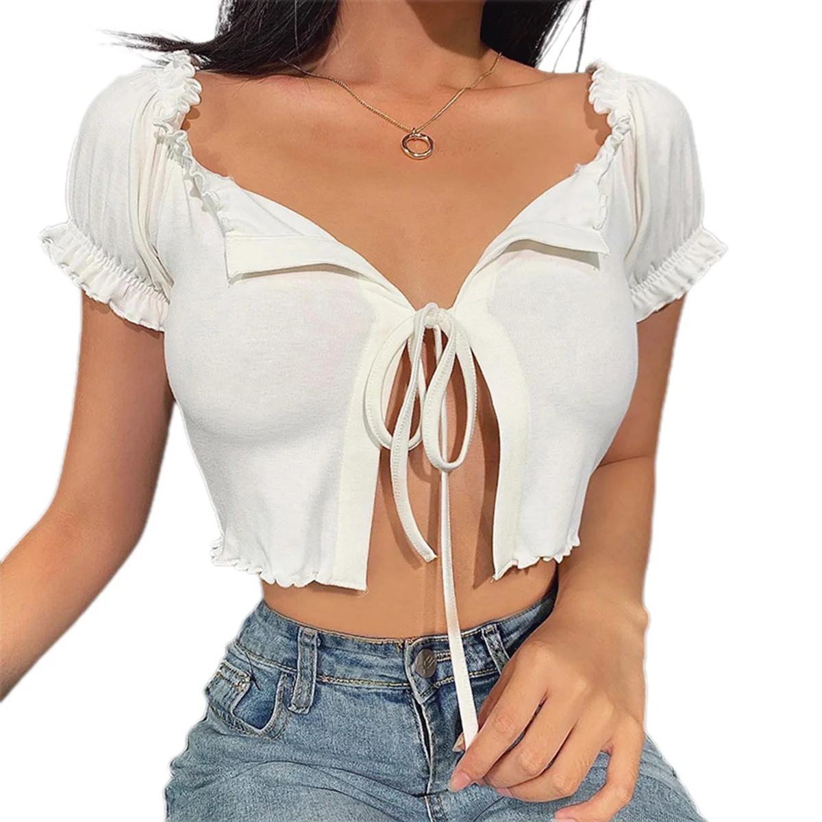 

Женский короткий топ с коротким рукавом, повседневный однотонный топ на шнуровке с рюшами