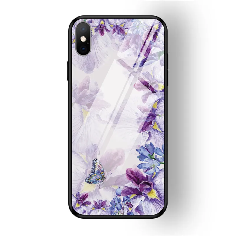 Чехол для телефона с цветочным рисунком для iPhone 7, 8, 6, 6S PLUS, XR, X, XS MAX, задняя крышка из закаленного стекла, чехол для iPhone 5 5S se, глянцевый противоударный чехол