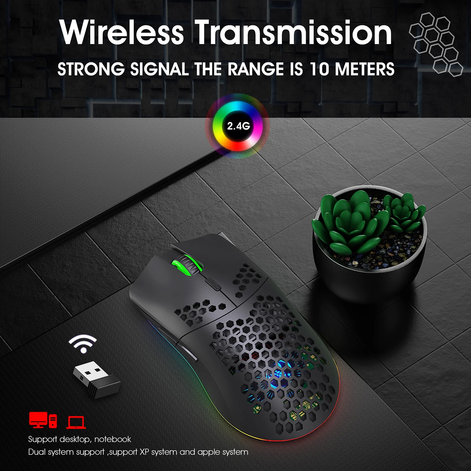 Беспроводная игровая мышь HXSJ 2 4 ГГц перезаряжаемая с RGB эффектом светильник