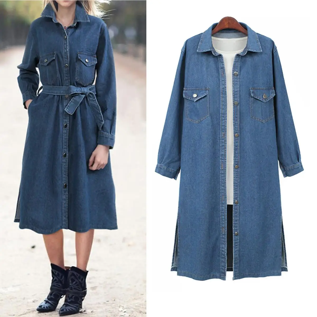 L-4XL Autumn Women Plus size Denim Trench Coat Female Button Casual Blue Overalls Pocket Big Large Size Long Coats | Женская одежда