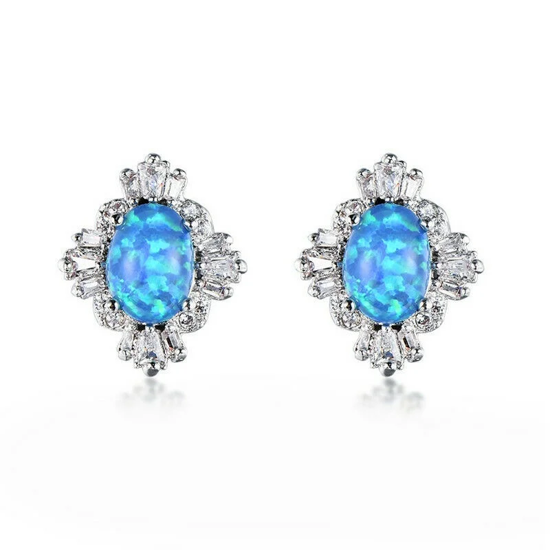 

Fashion Woman Blue Oval Simulated Opal White Silver Earrings