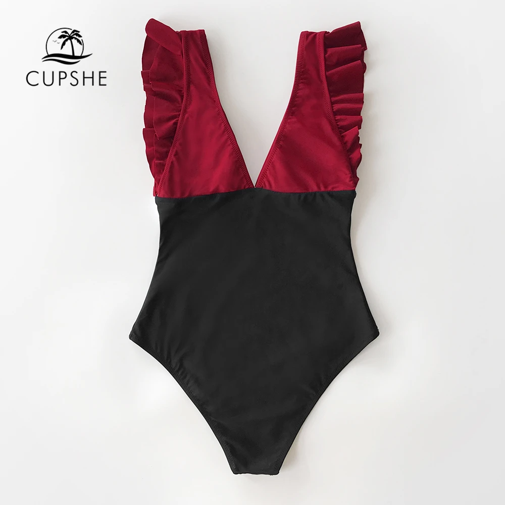 Женский слитный купальник CUPSHE красный черный и белый с оборками глубоким v