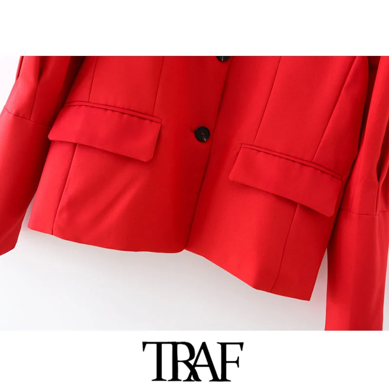 

TRAF Women Fashion Single Button Blazer Coat Vintage Gigot Sleeve Pockets Female Outerwear Chic Tops