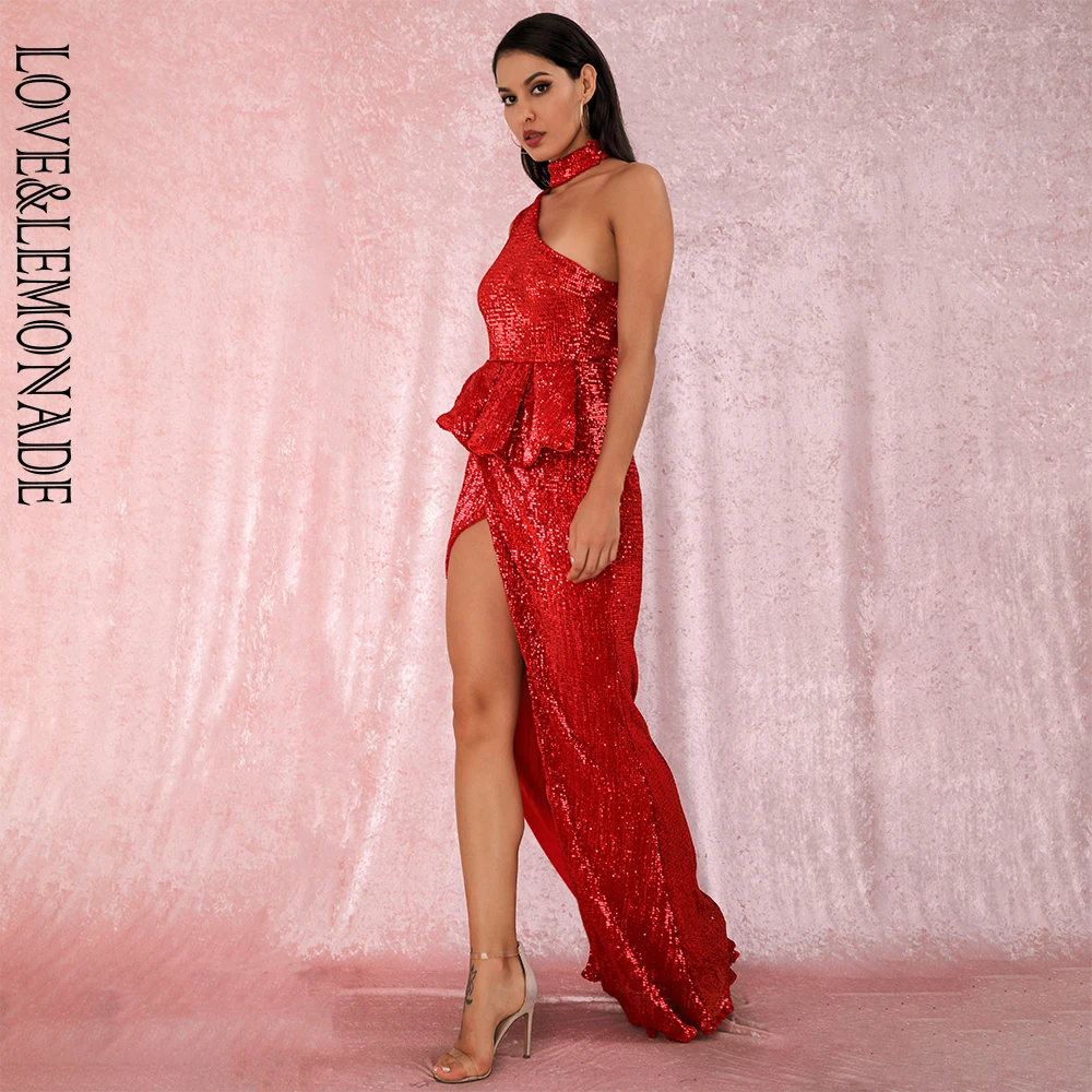 LOVE& LEMONADE A/W сексуальные красные Холтер без бретелек плечи Раффлед Сплит эластичные Блестки без рукавов вечерние платья макси LM81953