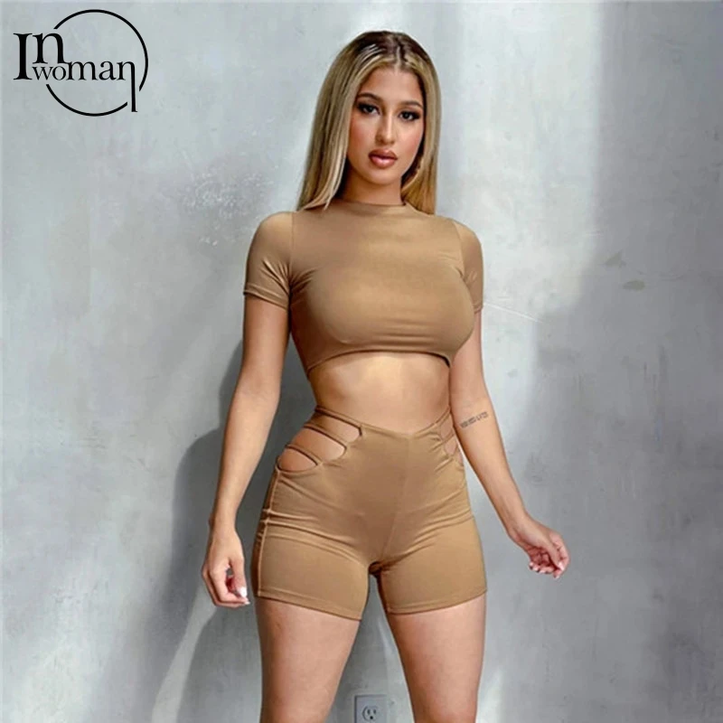 

Inwoman White 2 Piece Sets Tight Womens Outfits Hollow Out Sexy Summer Two Piece Shorts Sets Tracksuit Crop Top Matching Sets