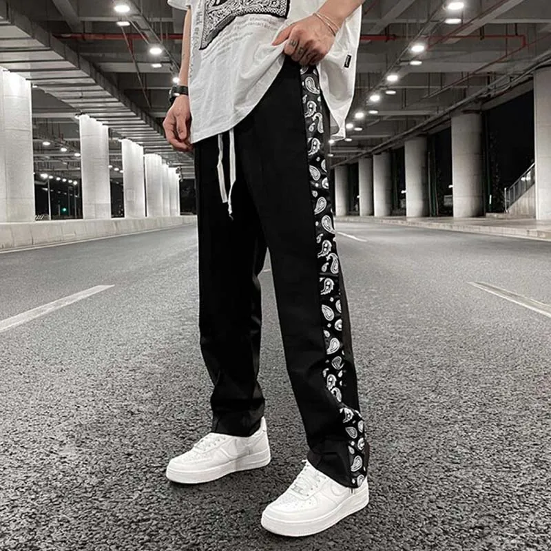 

High Street Cashew Flower Side Striped Spliced Casual Straight Trousers Mens Ankle Zipper Drawstring High Street Oversize Pants