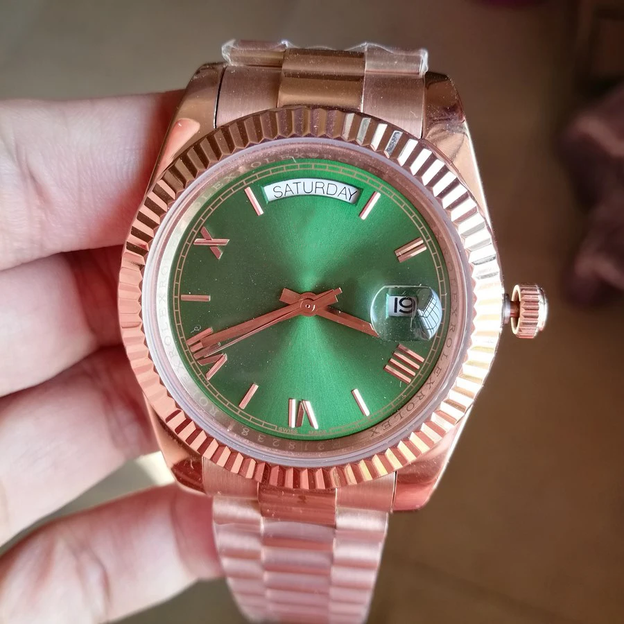 

Luxury Brand New Mens Watch DAYDATE Automatic Mechanical 40MM Rose Gold Green Rome Dial Watchres Stainless Steel Wristwatch 2813