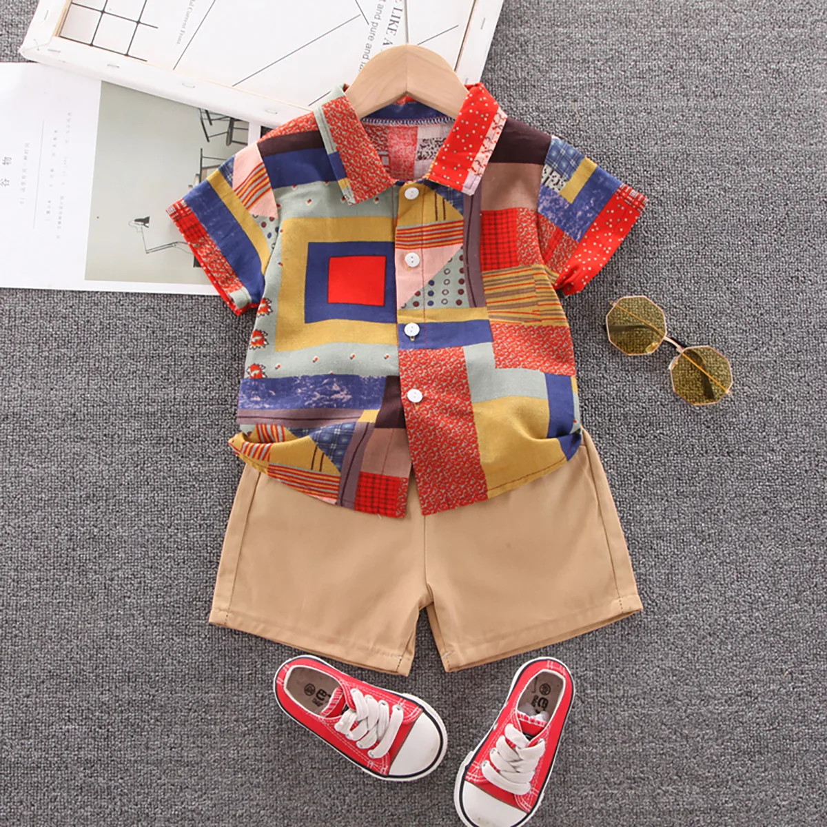 

New Design Summer Toddlers Holidays Clothes Boys Fashion Set Floral Geomentric Printed Top with Shorts 2 Pieces Kids' Kits 1 3