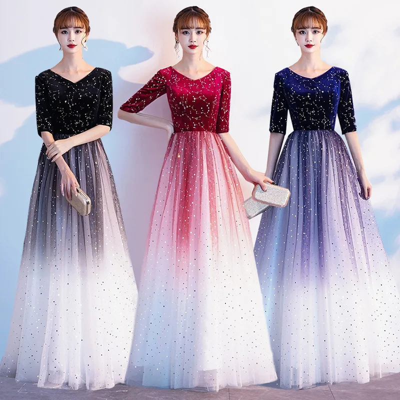 

Bling Sequins Evening Dress Elegant V-neck Stage Show Dress Temperament Hostess Dress Slim A-line Chorus Clothing Big Size 3XL