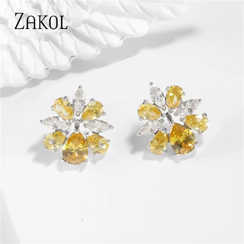 ZAKOL 2021 новые цветы капли воды серьги с цирконием кубической огранки красочный