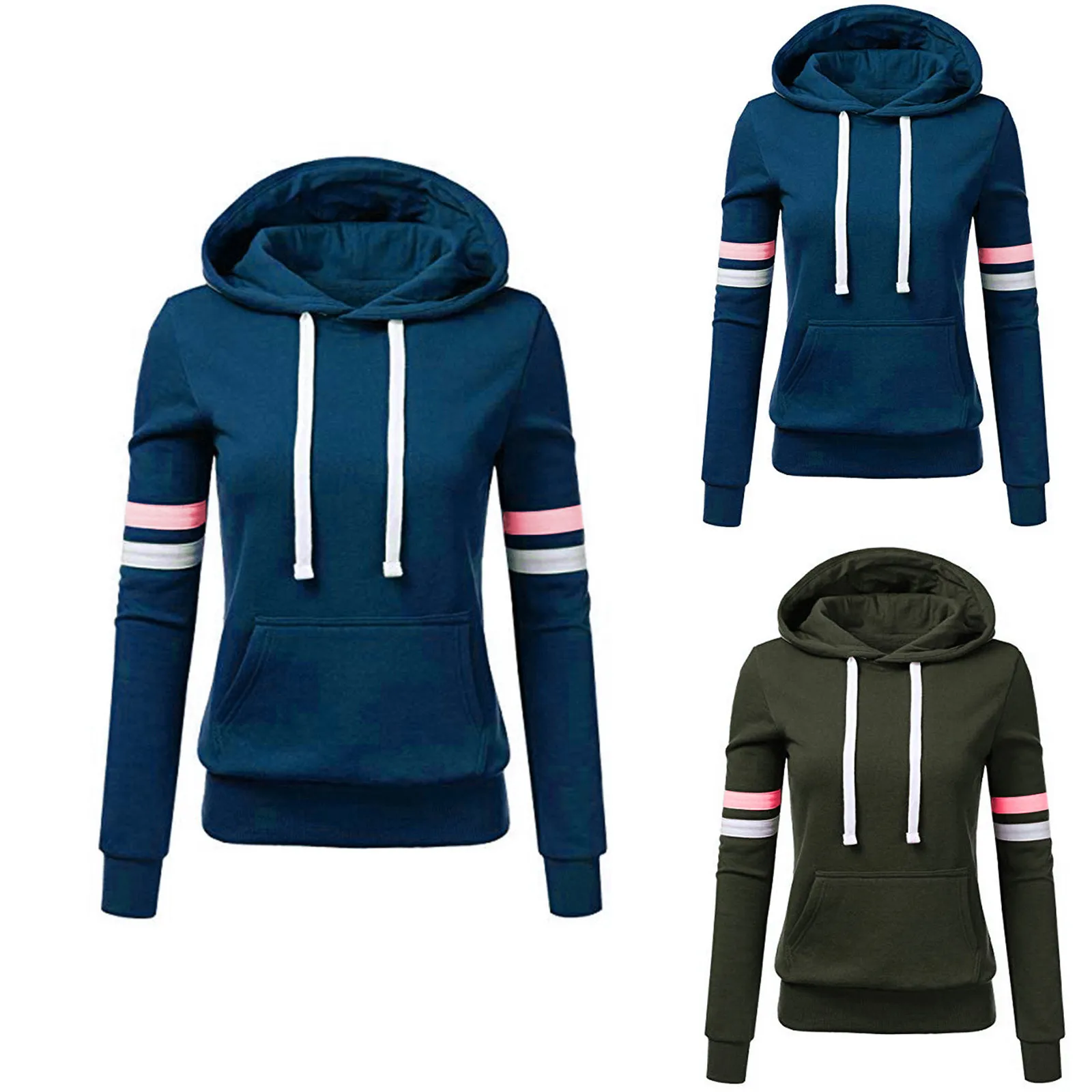 

Sweatshirts For Women Stripe Sweatshirt Long Sleeve Blouse Hooded Pocket Pullover Tops Shirt Sudaderas Толстовка Женская