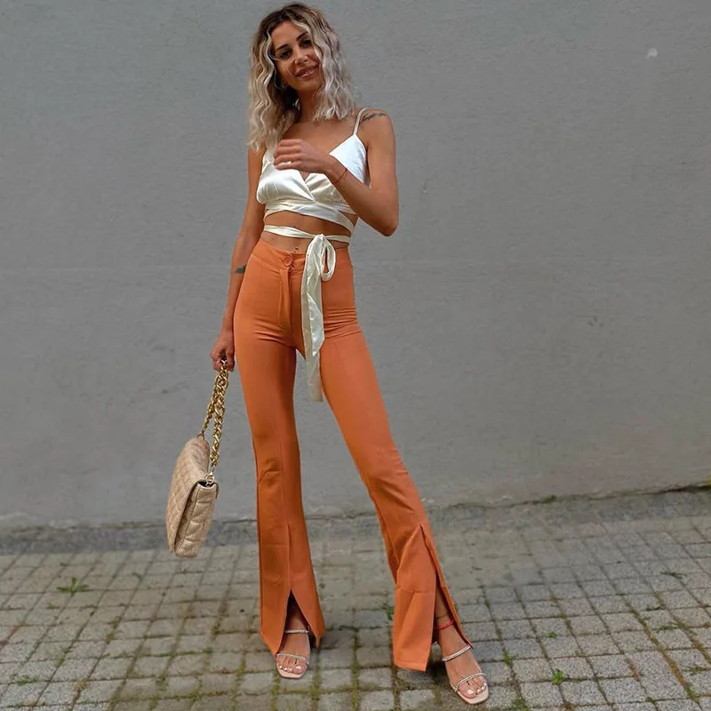 

2021 High Waist Flare Pants Women Black Wide Leg Pants Casual Back Summer Autumn Sexy Streetwear Fashion Long Trousers