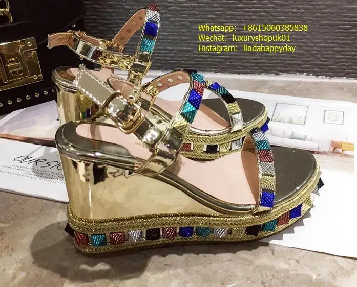 

ladies fashion Pira Ryad Studded Glitter Platform Wedge Sandals summer sandal shoes metallic studs Open toe slingback strap heel