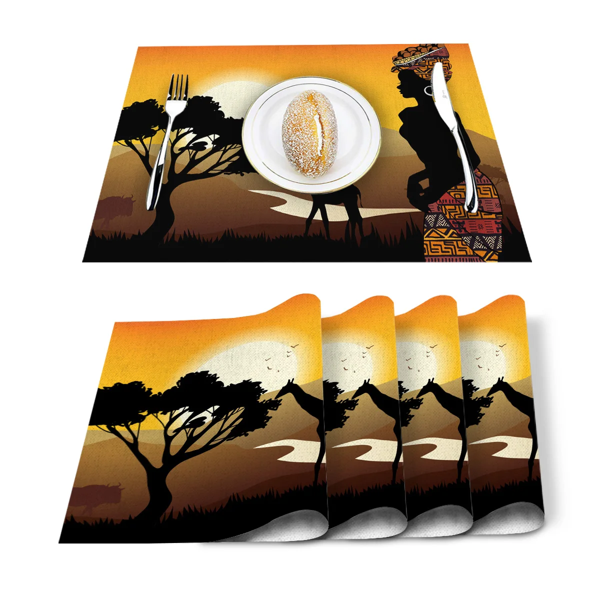 

4/6pcs Set Table Mats African Woman Giraffe Silhouette Printed Table Napkin Kitchen Accessories Home Party Decorative Placemats
