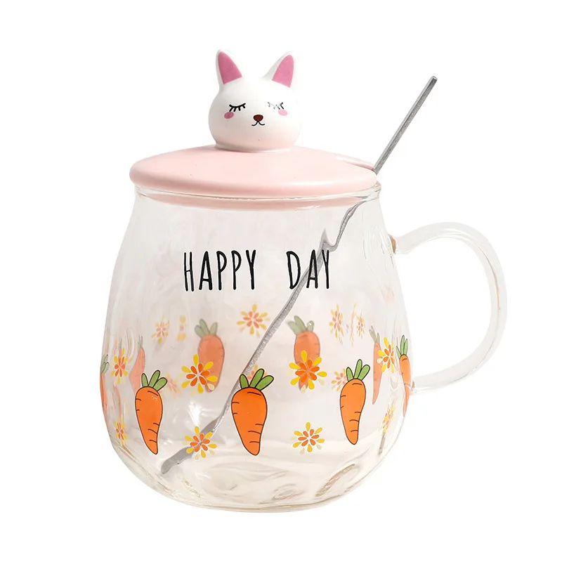 

400 мл корейский мультяшный милый кролик редис стеклянная чашка с крышкой Ложка кофейная кружка молочная чашка для студенческого завтрака