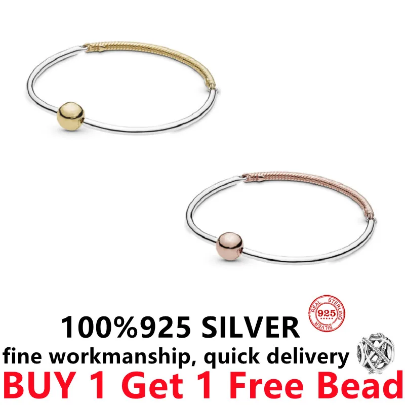 

2021 Hot sale Free Delivery 100%925 Sterling Silver Pando diy bead Classic Rose gold snake chain Charm Bracelet Women jewelry