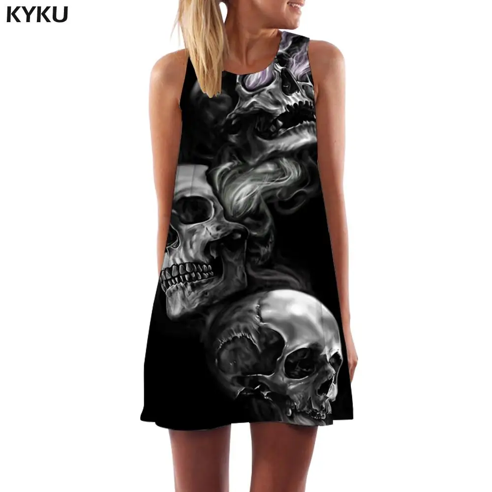 

KYKU Skull Dress Women Smoke Cloud Boho Hip Hop Sexy Rock Ladies Dresses Punk Party Womens Clothing Tassel Gothic Large Sizes