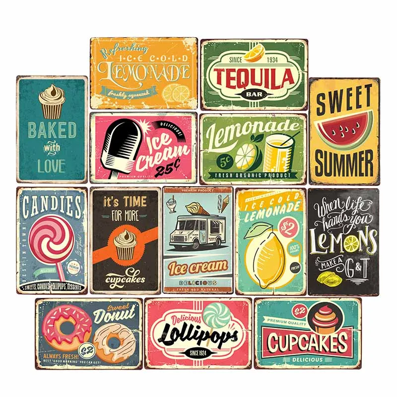 

Sweet Summer Lemonade Drink Candies Vintage Tin Signs Cupcakes Ice Cream Wall Decor Cafe Bar Pub Retro Metal Poster