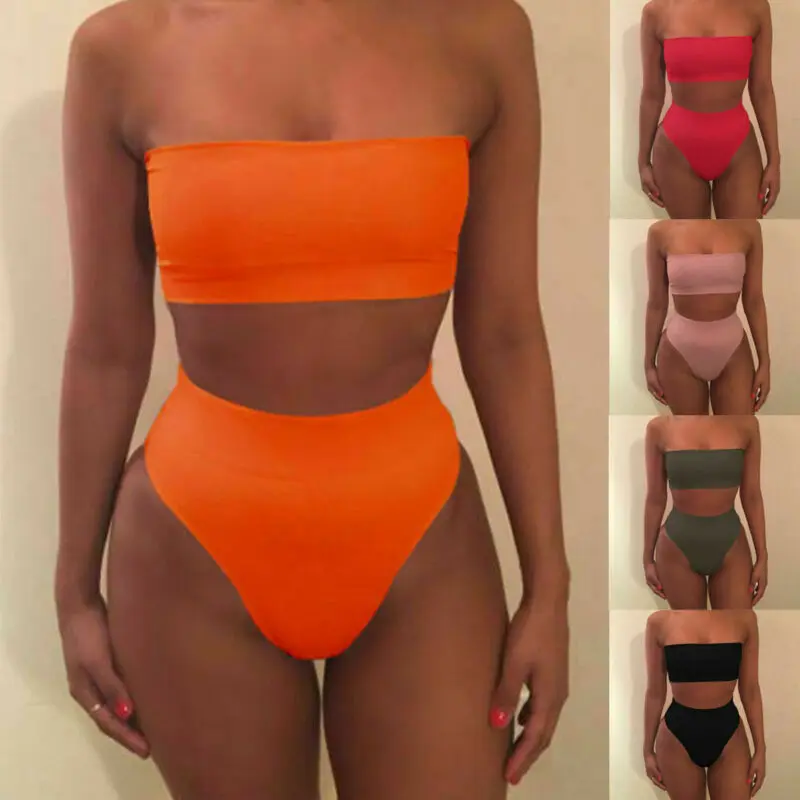 Женский бандажный комплект бикини без бретелек Топ бандо с высокой талией